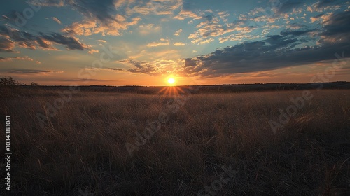 Dry plants crouch in the field in the wind during sunset. 