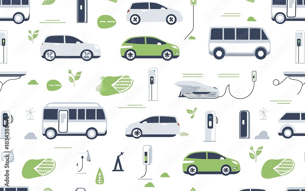 A vibrant pattern featuring electric vehicles and charging stations set against a light background A vibrant pattern featuring electric vehicles and charging stations set against a light background