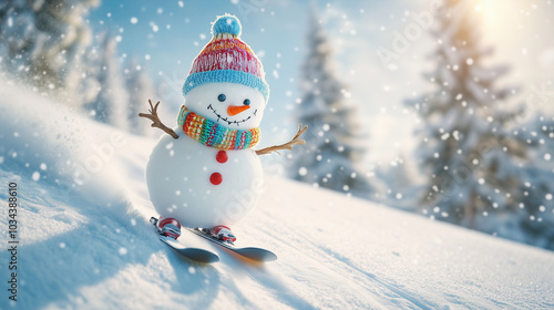 Ski winter vacation holidays concept. Snowman enjoying winter sports, skiing down a snowy slope in a cheerful holiday scene. Image made using Generative AI photo