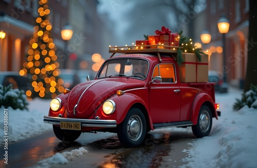 Red old fashion car with gift boxes and fir branches  on winter street. Christmas decoration on street.