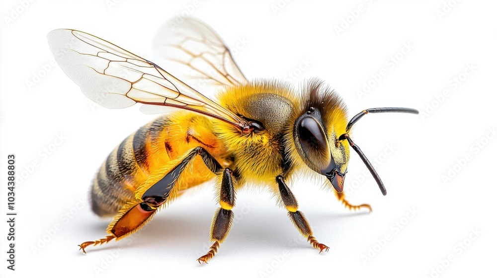 A photostock images of a bee flying in mid-air with detailed wings, isolated on white background, High Quality A photostock images of a bee flying in mid-air with detailed wings, isolated on white background, High Quality