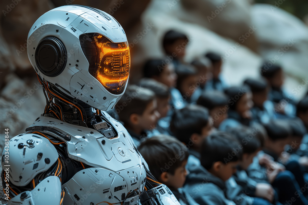 Fototapeta premium A robot teacher assisting a class of children, representing the role of AI as a teaching assistant. Concept of AI in education.