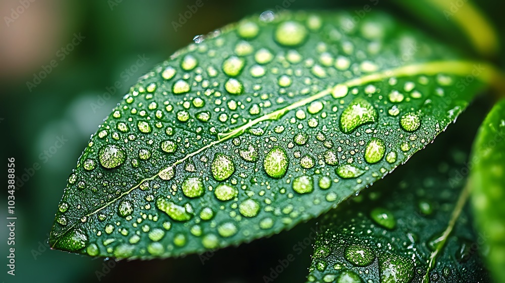 A close-up of a green leaf covered in water droplets. A close-up of a green leaf covered in water droplets.
