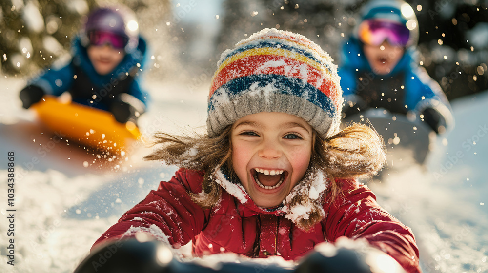 Group of friends enjoy a thrilling day sledding down a sunny winter hillside with a young girl Group of friends enjoy a thrilling day sledding down a sunny winter hillside with a young girl