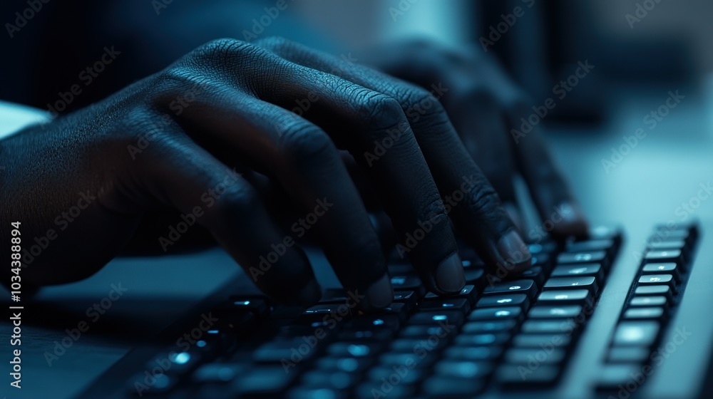 Close-up of Hands Typing on a Keyboard in Low Light Close-up of Hands Typing on a Keyboard in Low Light