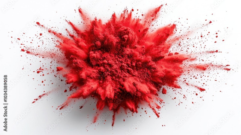 A photostock images of a bright red powder explosion in mid-air, isolated on white background, High Quality A photostock images of a bright red powder explosion in mid-air, isolated on white background, High Quality