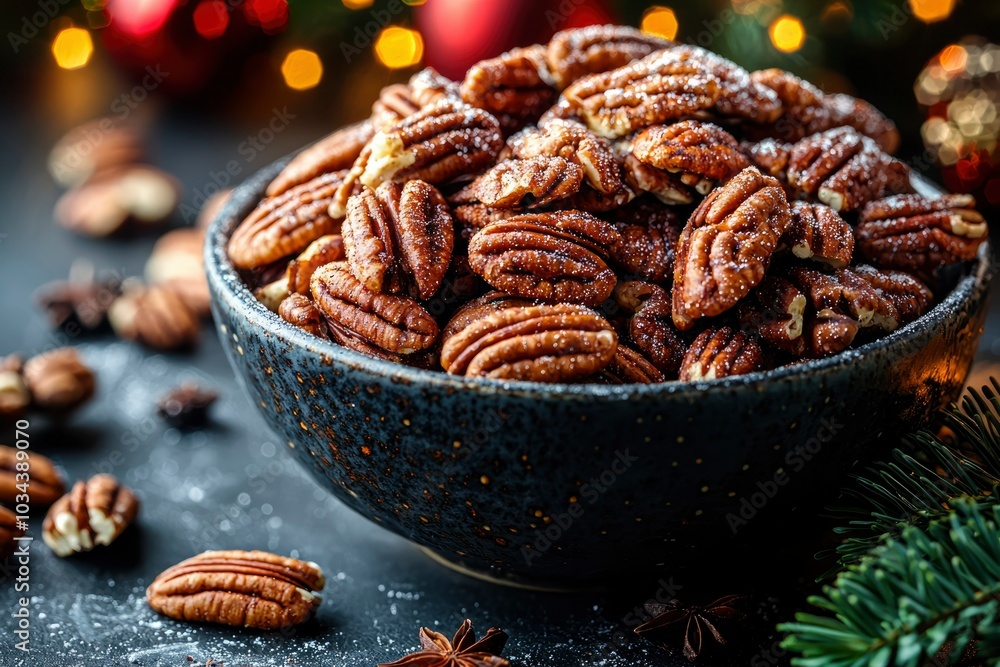 Sugared Pecans in a Bowl with Christmas Lights in the Background Sugared Pecans in a Bowl with Christmas Lights in the Background