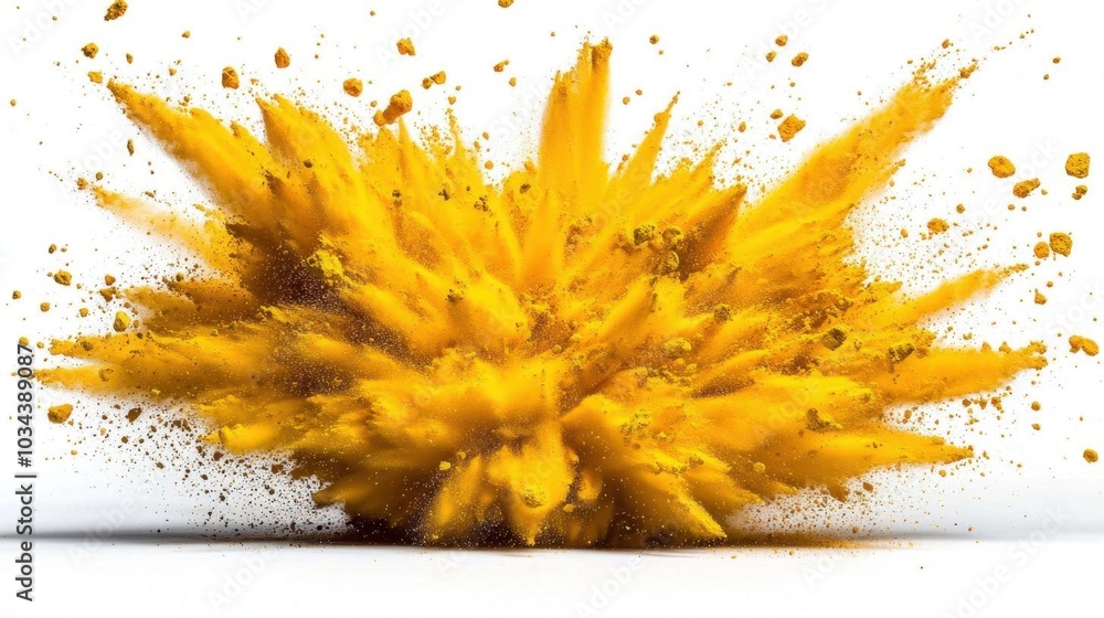 A photostock images of a bright yellow powder explosion, isolated on white background, High Quality A photostock images of a bright yellow powder explosion, isolated on white background, High Quality