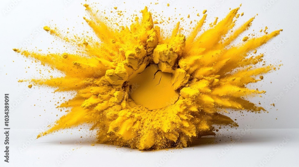 A photostock images of a bright yellow powder explosion, isolated on white background, High Quality A photostock images of a bright yellow powder explosion, isolated on white background, High Quality