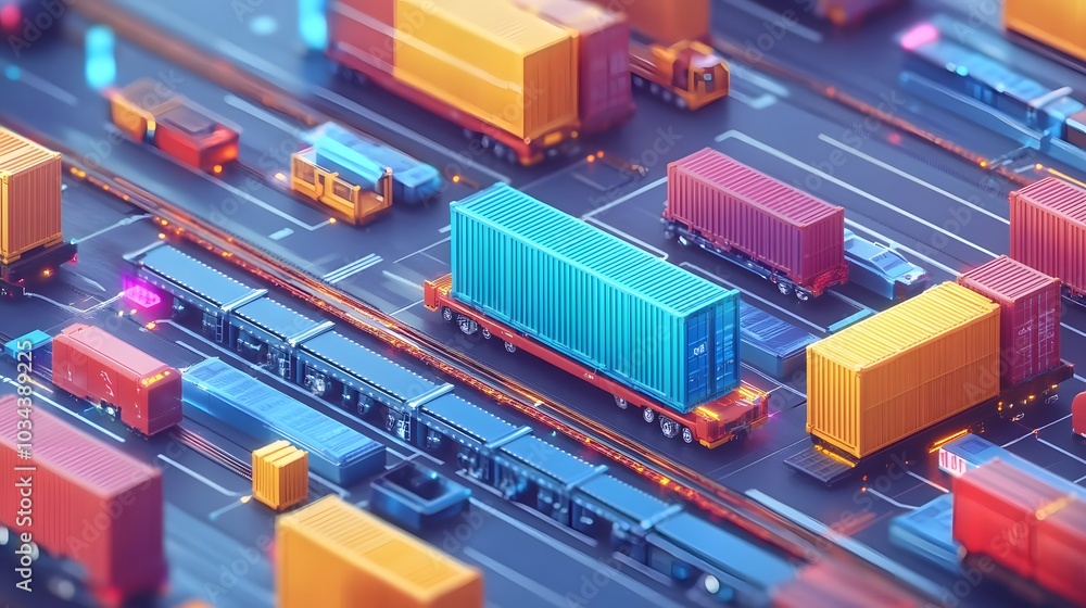 A Top-Down View of a Highway with Colorful Shipping Containers and Trucks A Top-Down View of a Highway with Colorful Shipping Containers and Trucks