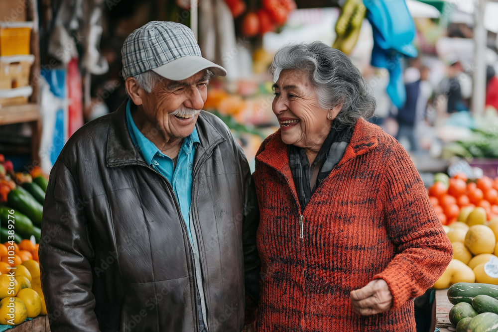 Elderly couple happily laughing and having a good time strolling through the farmers market Elderly couple happily laughing and having a good time strolling through the farmers market
