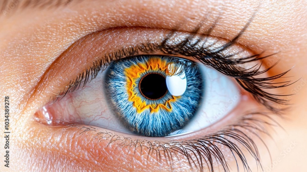 Fototapeta premium A photostock images of a detailed close-up of an eye iris with blue and orange colors, isolated on white background, High Quality
