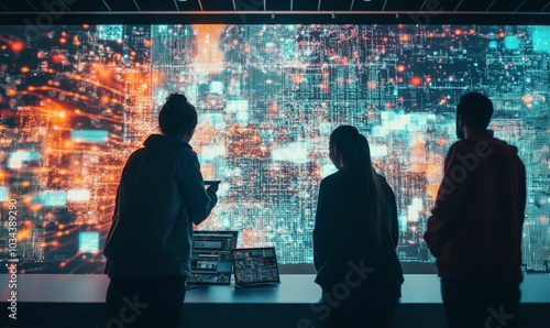 Three people look at a large screen of data.