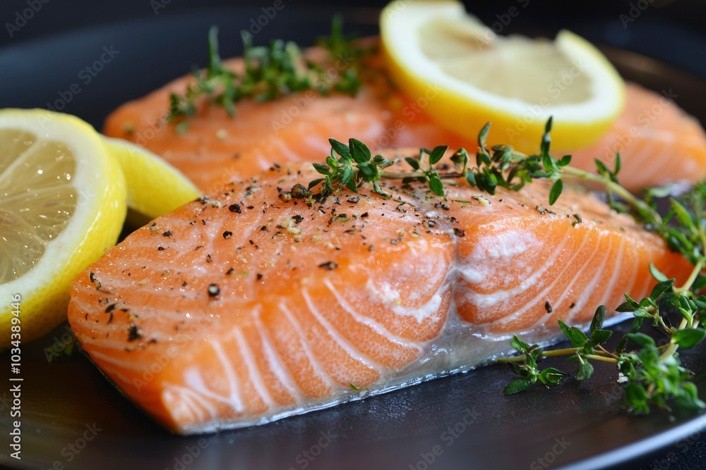 Raw Salmon Fillet with Lemon and Thyme Garnish Raw Salmon Fillet with Lemon and Thyme Garnish