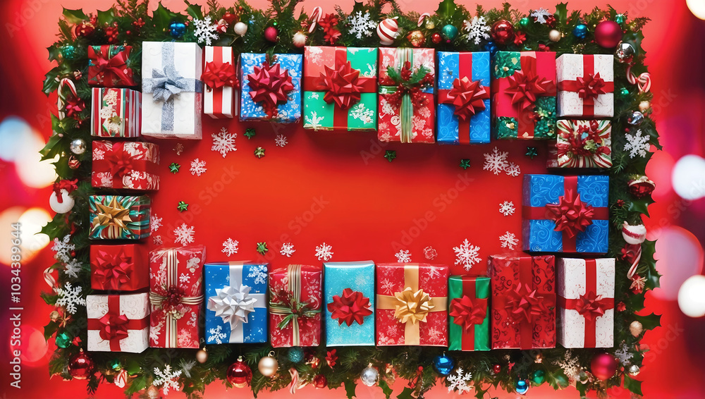 Merry Christmas red template with copy space area, festive background, Christmas gifts concept