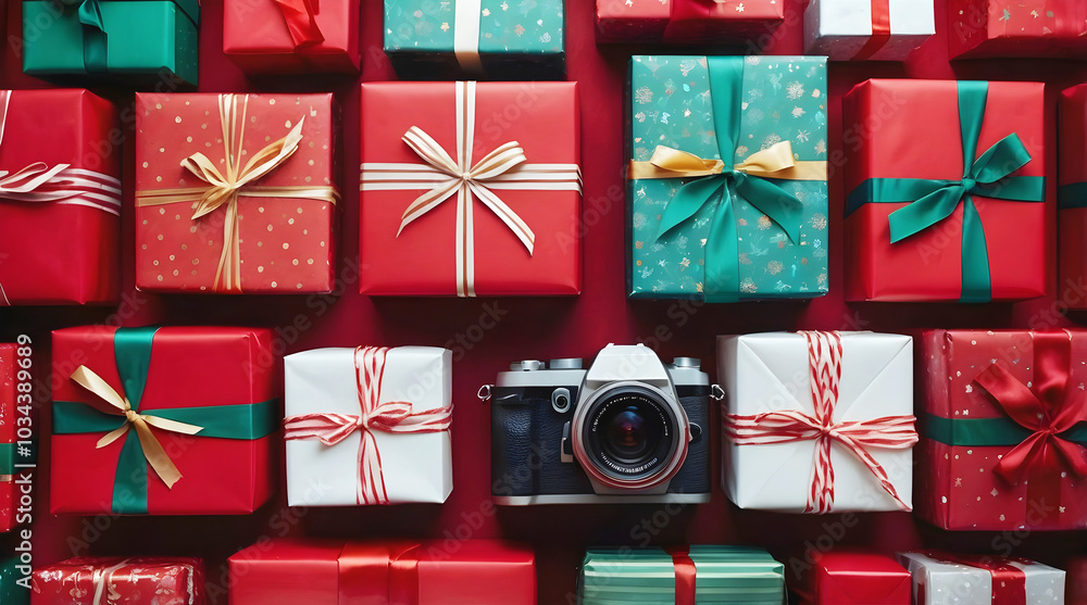 Merry Christmas red template with copy space area, festive background, Christmas gifts concept