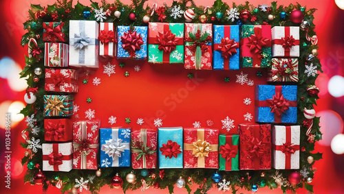 Obraz na płótnie Merry Christmas red template with copy space area, festive background, Christmas gifts concept w salonie
