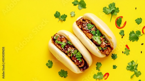 Bao buns filled with pork, isolated on a vibrant background with decorative hoisin sauce and fresh herbs photo