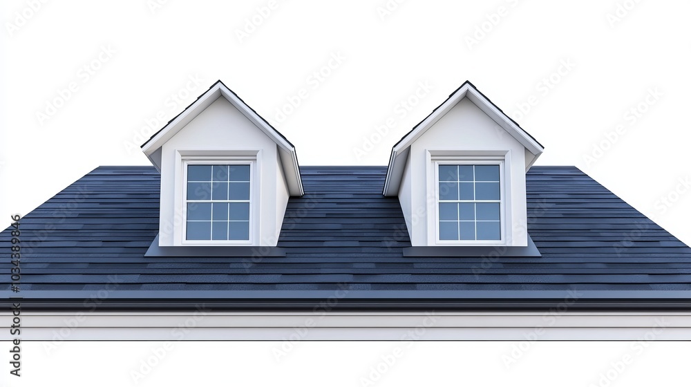 The image displays a dark blue roof with two white dormer windows; the flat roof has a gentle slope and a white background The image displays a dark blue roof with two white dormer windows; the flat roof has a gentle slope and a white background