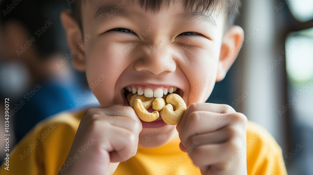 Joyful boy munching on cashew nuts, savoring each bite for energy and growth. His happy face and visible teeth capture a lively indoor moment Joyful boy munching on cashew nuts, savoring each bite for energy and growth. His happy face and visible teeth capture a lively indoor moment
