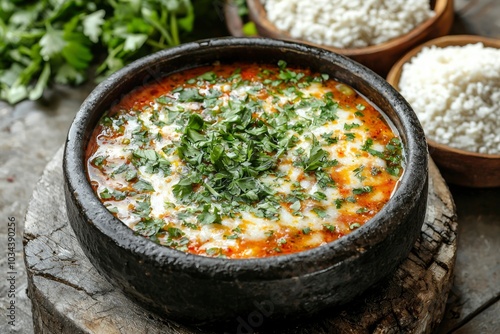 Clay Pot of Red Stew Topped with Parsley and White Dairy Product, Served with White Rice