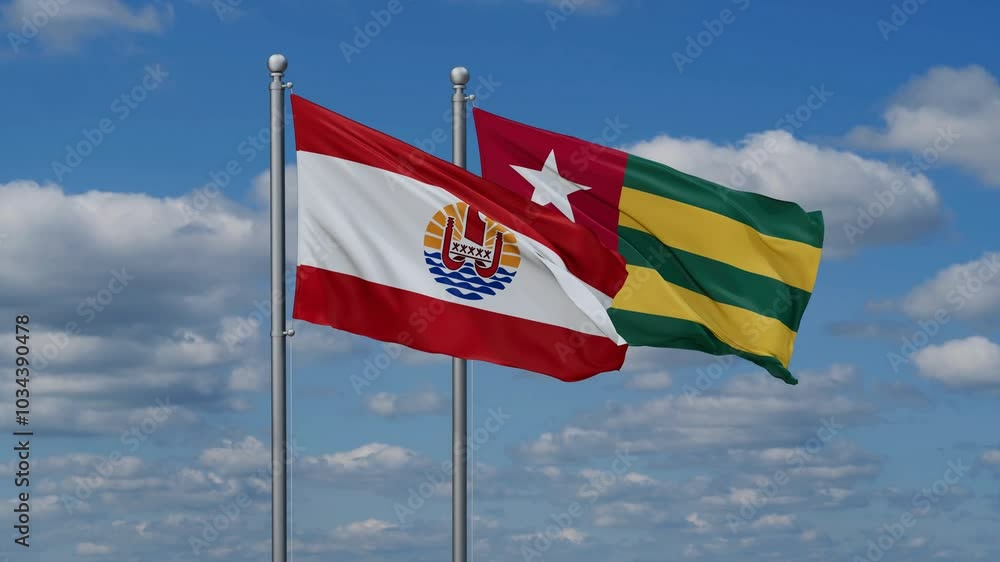 Togo, Togolese Republic and French Polynesia flags flying together, video concept of the relationship, two country cooperation concept Togo, Togolese Republic and French Polynesia flags flying together, video concept of the relationship, two country cooperation concept