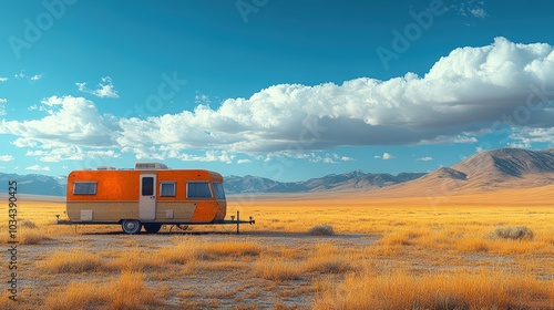A vintage travel trailer parked in a dry, desert landscape