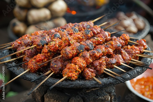 Wallpaper Mural Grilled Meat Skewers with Chili Sauce and Spices Torontodigital.ca