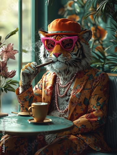 A colorful anthropomorphic tiger in a bright suit smokes a cigar while sitting at a table