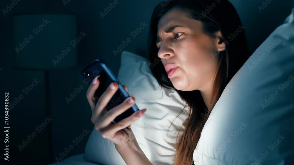 Young woman in bed at night, smiling while browsing on her phone, dim light in the background. VIDEO Young woman in bed at night, smiling while browsing on her phone, dim light in the background. VIDEO