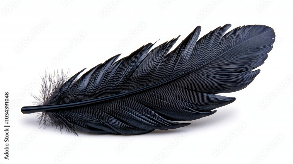 A photostock images of sleek black feather lying on the ground, isolated on white background, High Quality A photostock images of sleek black feather lying on the ground, isolated on white background, High Quality