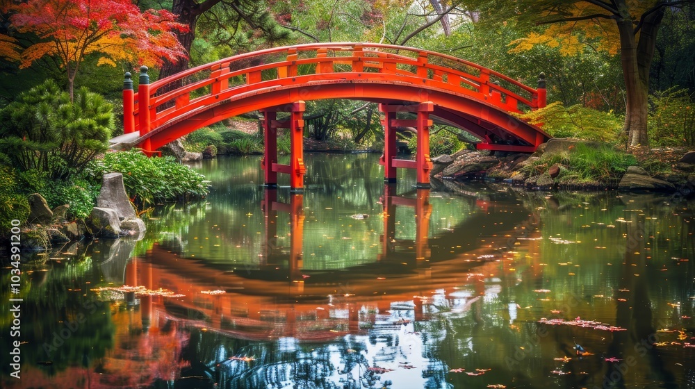 Obraz premium Autumn Reflections A Red Bridge Over a Serene Pond in a Japanese Garden