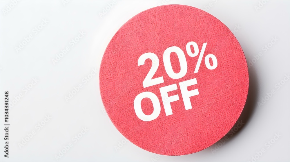 White '20% OFF' Text on a Light Red Round Paper Note. White Background with Copy Space White '20% OFF' Text on a Light Red Round Paper Note. White Background with Copy Space