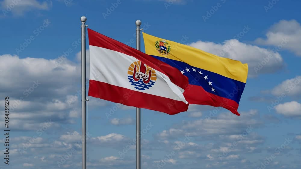 Venezuela and French Polynesia flags flying together, video concept of the relationship Venezuela and French Polynesia flags flying together, video concept of the relationship
