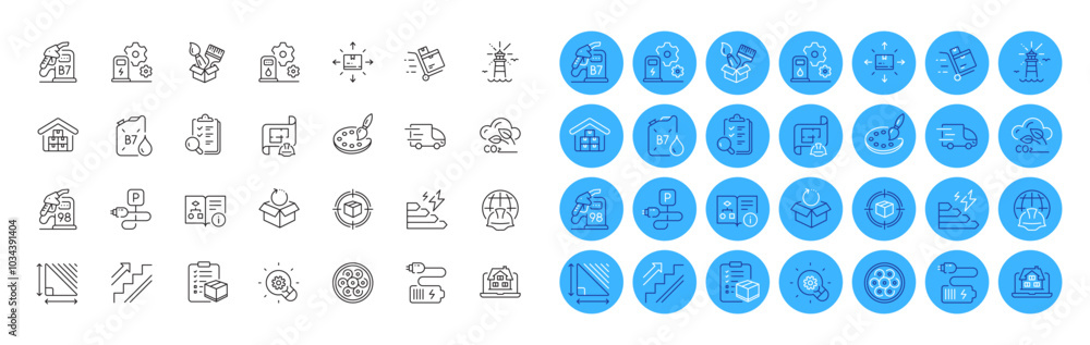 Charging station, Inspect and Diesel canister line icons pack. Parcel checklist, Innovation, Truck delivery web icon. Co2 gas, Triangle area, Battery pictogram. Filling station. Vector Charging station, Inspect and Diesel canister line icons pack. Parcel checklist, Innovation, Truck delivery web icon. Co2 gas, Triangle area, Battery pictogram. Filling station. Vector