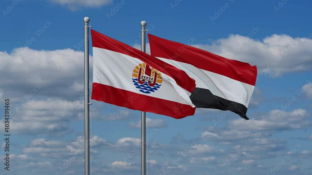 Yemen and French Polynesia flags flying together, video concept of the relationship, two country cooperation concept Yemen and French Polynesia flags flying together, video concept of the relationship, two country cooperation concept