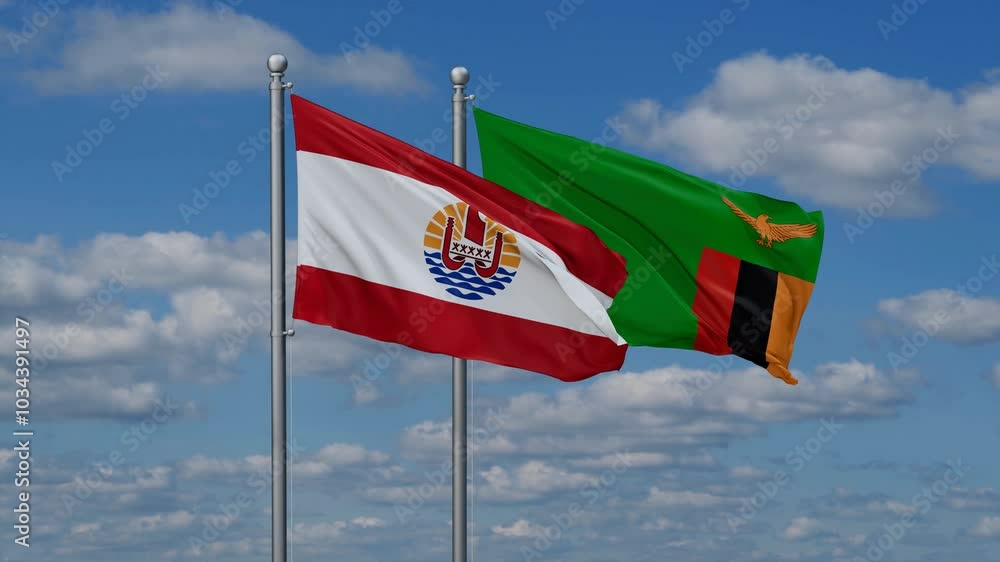 Zambia and French Polynesia flags flying together, video concept of the relationship, two country cooperation concept Zambia and French Polynesia flags flying together, video concept of the relationship, two country cooperation concept