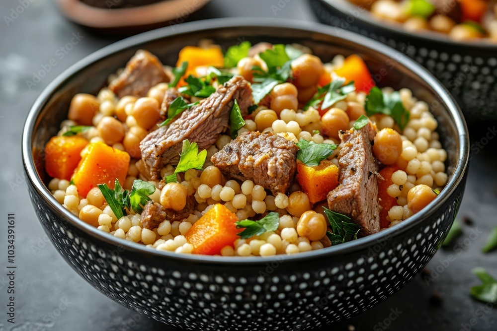 Bowl of Couscous with Beef, Chickpeas, Pumpkin, and Parsley Bowl of Couscous with Beef, Chickpeas, Pumpkin, and Parsley
