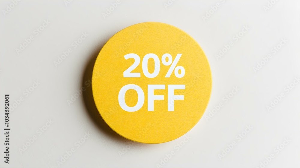White '20% OFF' Text on a Light Yellow Round Paper Note. White Background with Copy Space White '20% OFF' Text on a Light Yellow Round Paper Note. White Background with Copy Space