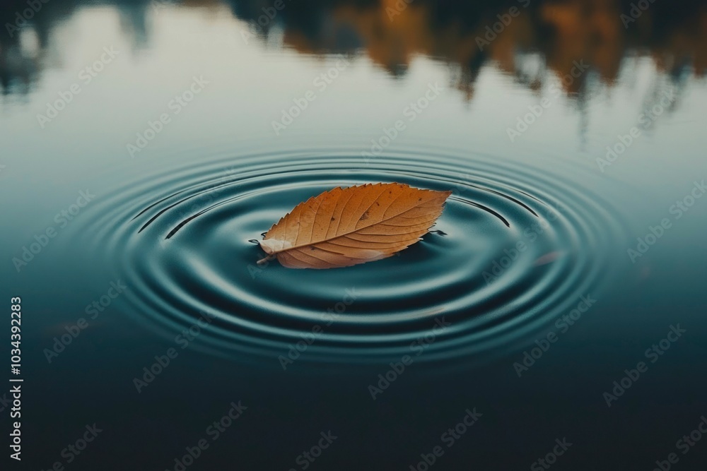 A Single Autumn Leaf Floating in Still Water A Single Autumn Leaf Floating in Still Water