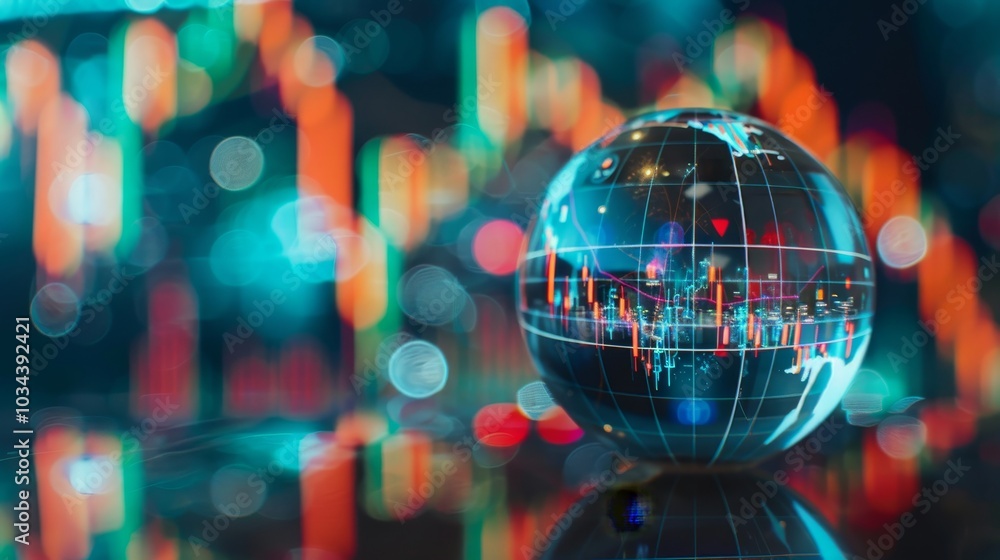 Global Market Trends Reflected in a Crystal Globe with Blurred Bokeh Background Global Market Trends Reflected in a Crystal Globe with Blurred Bokeh Background