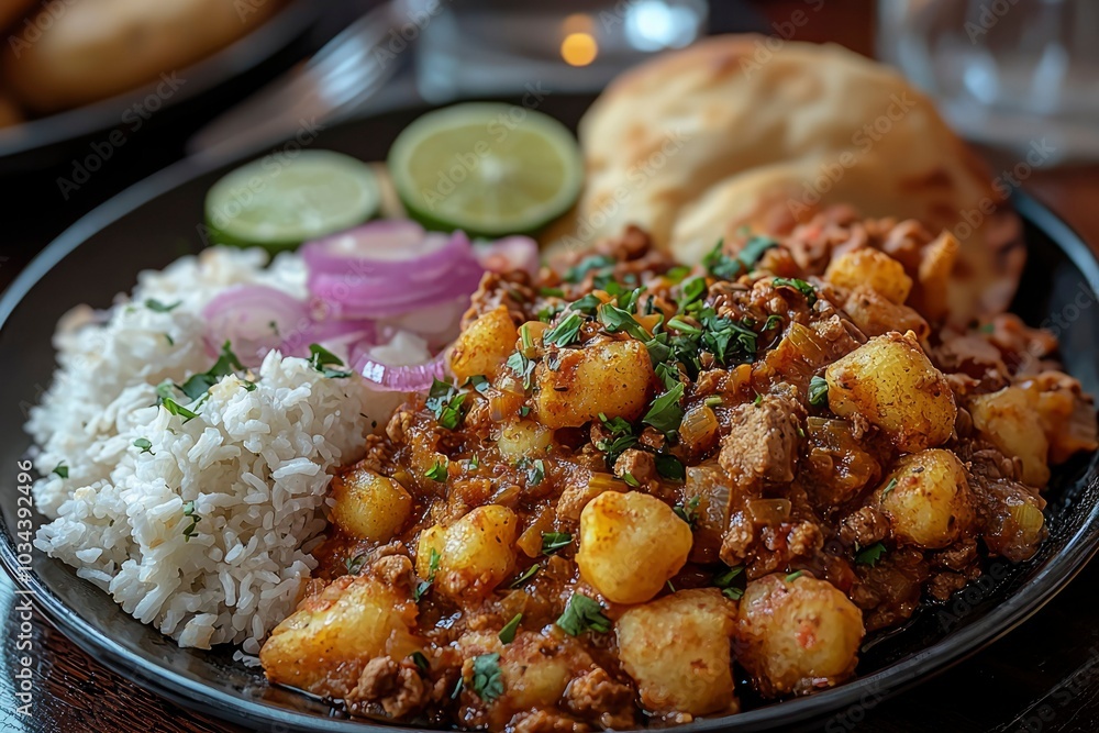 A Plate of Potato Curry with Rice, Onion, Lime and Naan Bread A Plate of Potato Curry with Rice, Onion, Lime and Naan Bread