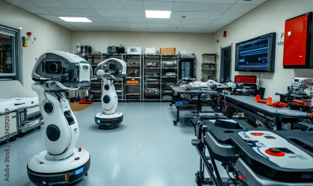 Fototapeta premium Three robotic cameras in a tech lab.