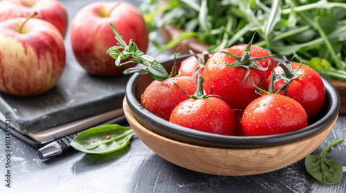 tomates frescos en un tazón de madera con hierbas y especias photo