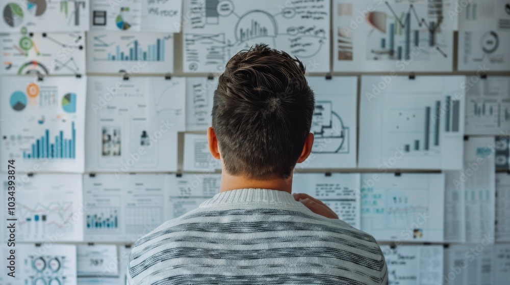 Naklejka premium Man Studying Data on a Wall of Charts