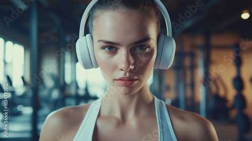 Attraktive, leicht verschwitzter Frau im Gym. Trägt Sportoutfit und Kopfhörer. Selbstbewusster Blick zeigt Motivation und Stärke photo