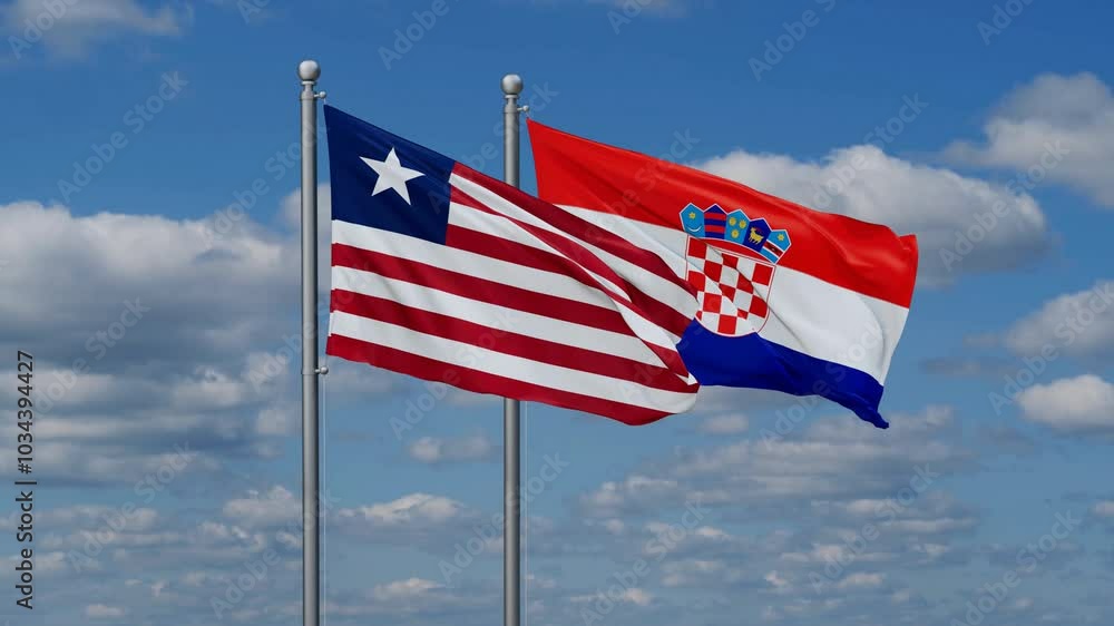 Croatia and Liberia flags flying together, video concept of the relationship, two country cooperation concept Croatia and Liberia flags flying together, video concept of the relationship, two country cooperation concept