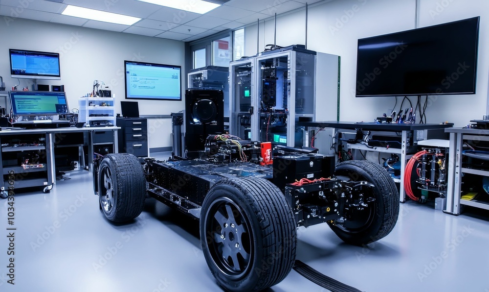 Black car chassis with wheels in a garage. Black car chassis with wheels in a garage.