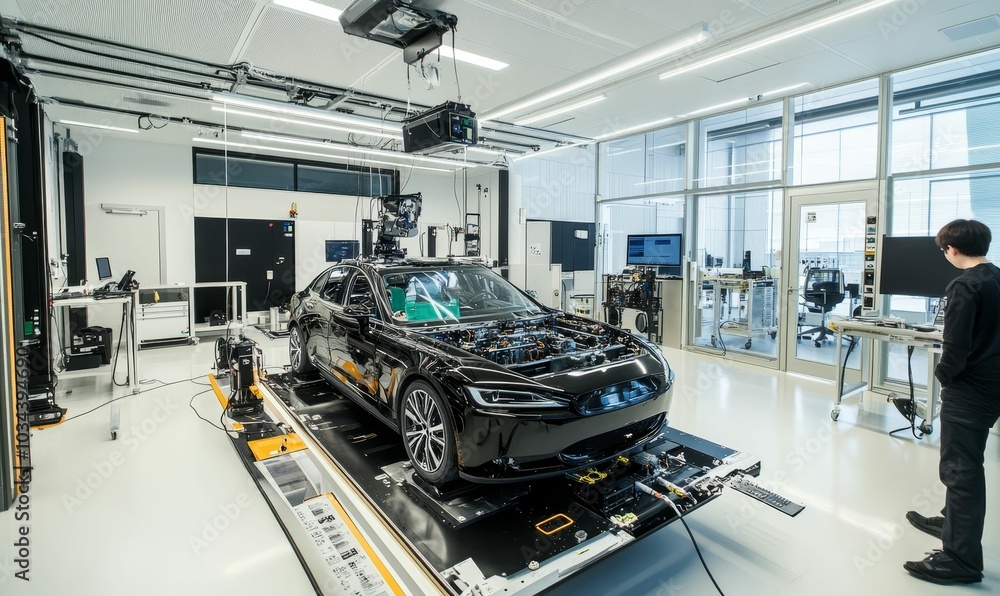 Black car being tested in a lab. Black car being tested in a lab.