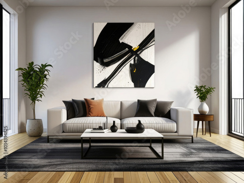 Modern living room interior featuring cozy, plush black anwhite sofas a wooden side table with decorative items, and minimalist decor. The space is enhanced by a large abstract painting and a soft rug photo